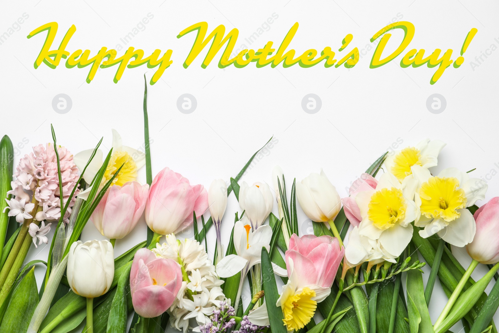 Image of Happy Mother's Day. Beautiful spring flowers on white background, flat lay