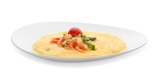 Photo of Plate with fresh tasty shrimp and grits on white background