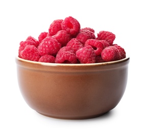 Photo of Bowl of delicious fresh ripe raspberries on white background