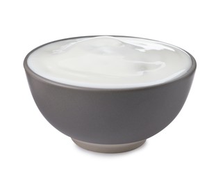 Photo of Ceramic bowl with delicious organic yogurt isolated on white