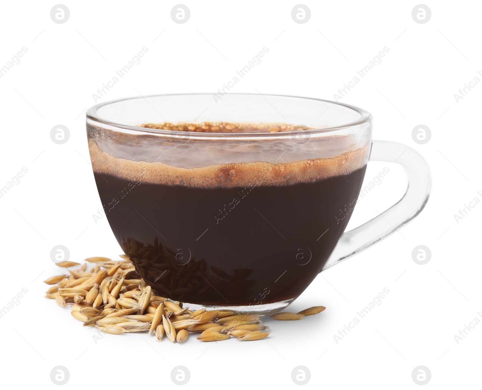 Photo of Cup of barley coffee and grains isolated on white