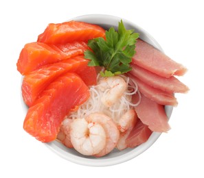 Photo of Sashimi set of salmon, tuna and shrimps served with funchosa and parsley isolated on white, top view
