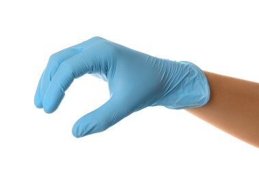 Photo of Person in blue latex gloves holding something against white background, closeup on hand