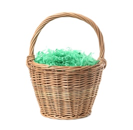 Photo of Easter basket with green paper filler isolated on white