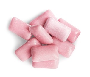 Photo of Heap of tasty sweet chewing gums on white background