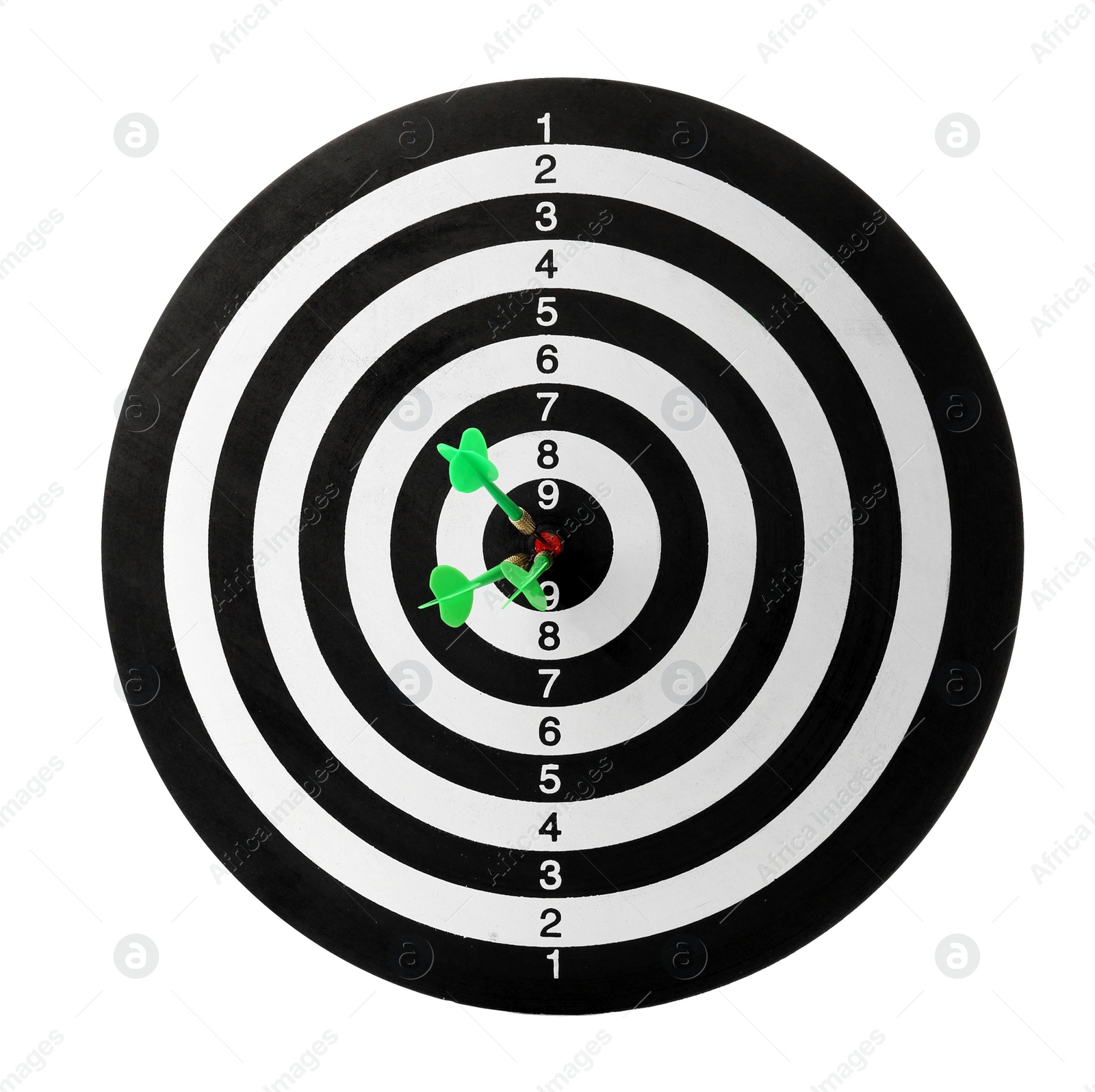 Photo of Green arrows hitting target on dart board against white background