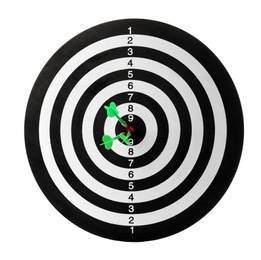 Photo of Green arrows hitting target on dart board against white background