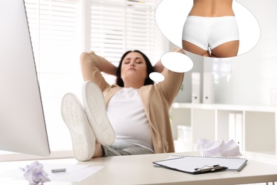 Image of Overweight woman dreaming about slim body in office. Weight loss concept