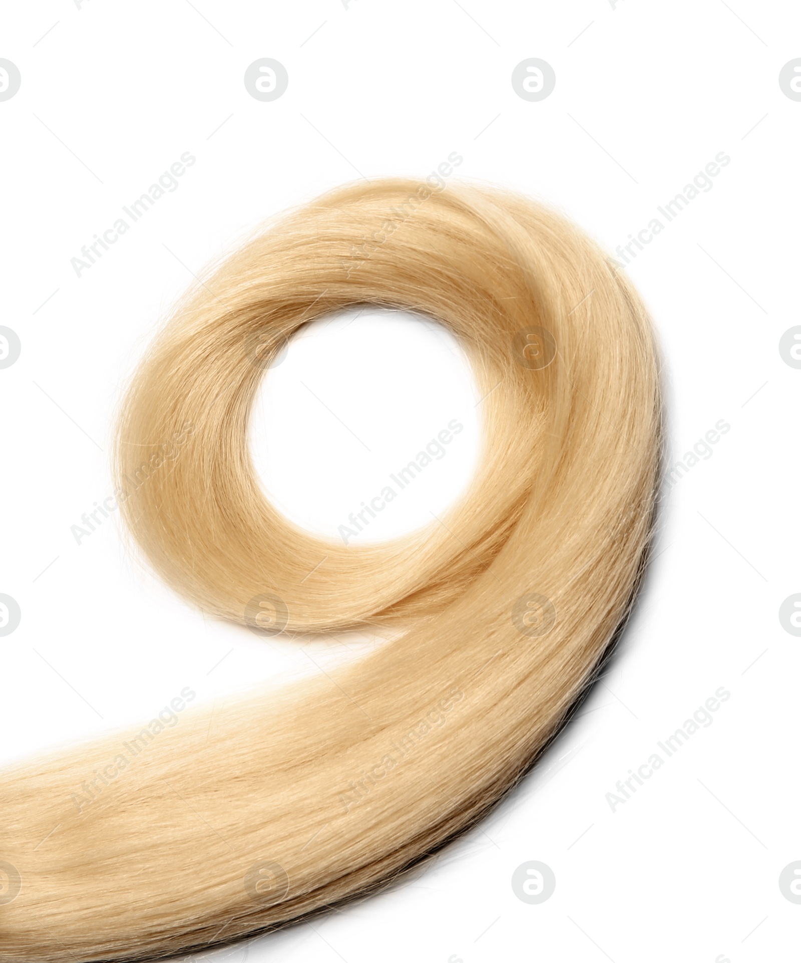 Photo of Lock of healthy blond hair on white background