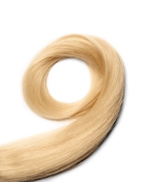 Photo of Lock of healthy blond hair on white background