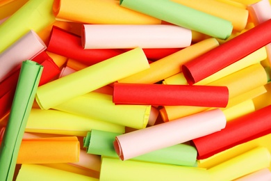 Photo of Pile of colorful paper pieces for lottery as background
