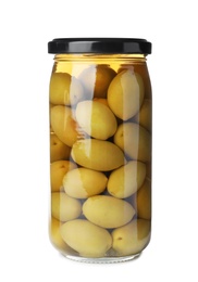 Jar with pickled olives on white background