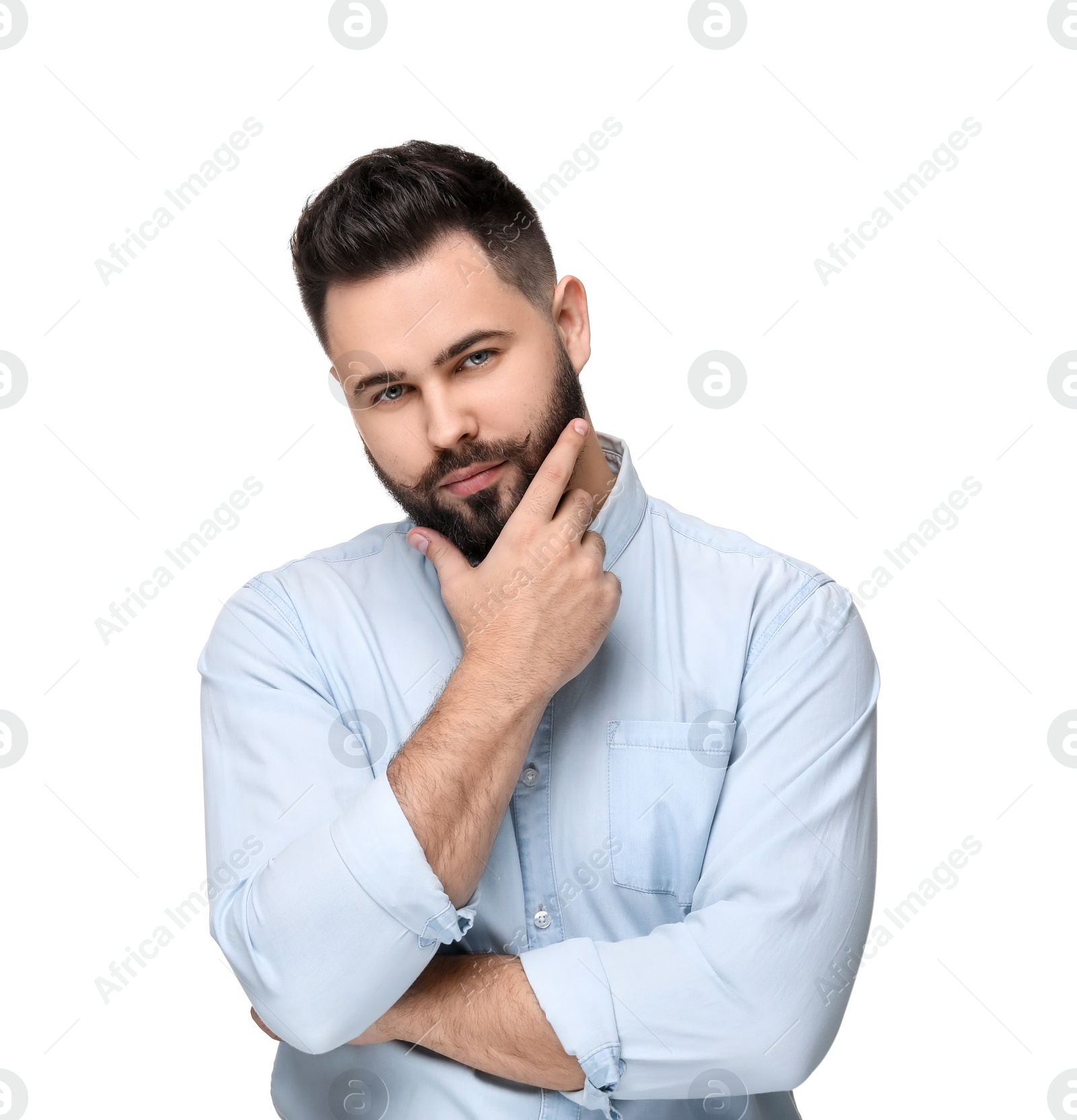 Photo of Portrait of young man with mustache on white background