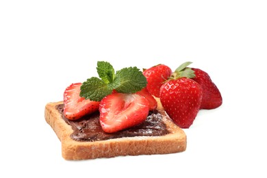 Photo of Delicious toast with nut cream, strawberries and mint isolated on white