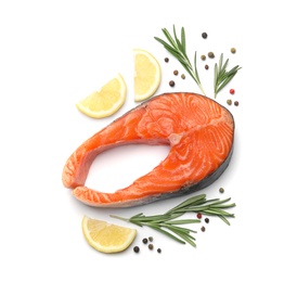 Photo of Fresh raw salmon steak with rosemary and lemon on white background, top view