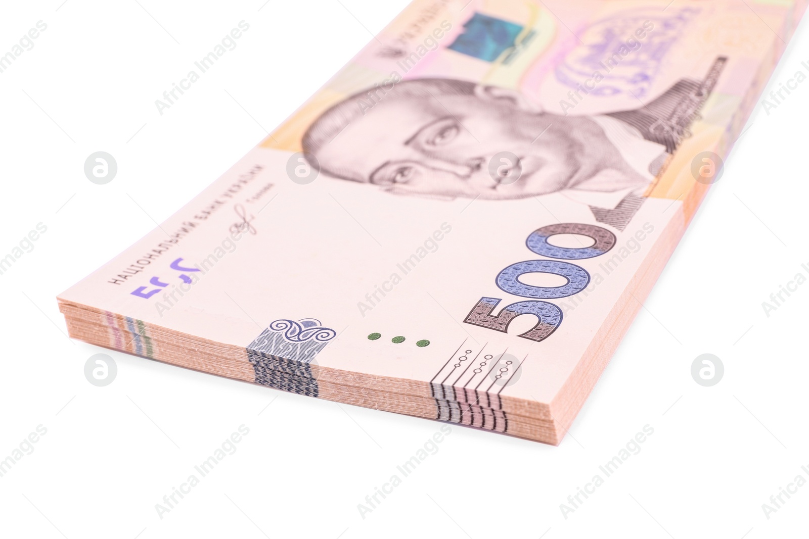 Photo of 500 Ukrainian Hryvnia banknotes on white background, closeup