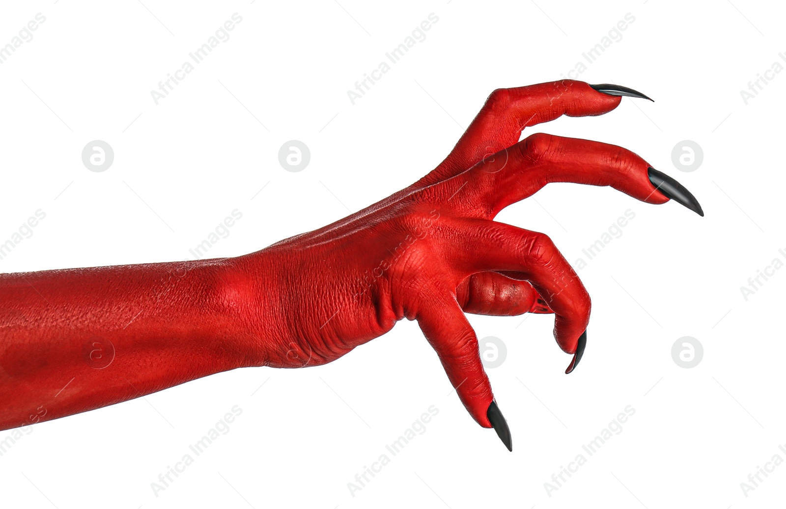 Photo of Scary monster on white background, closeup of hand. Halloween character