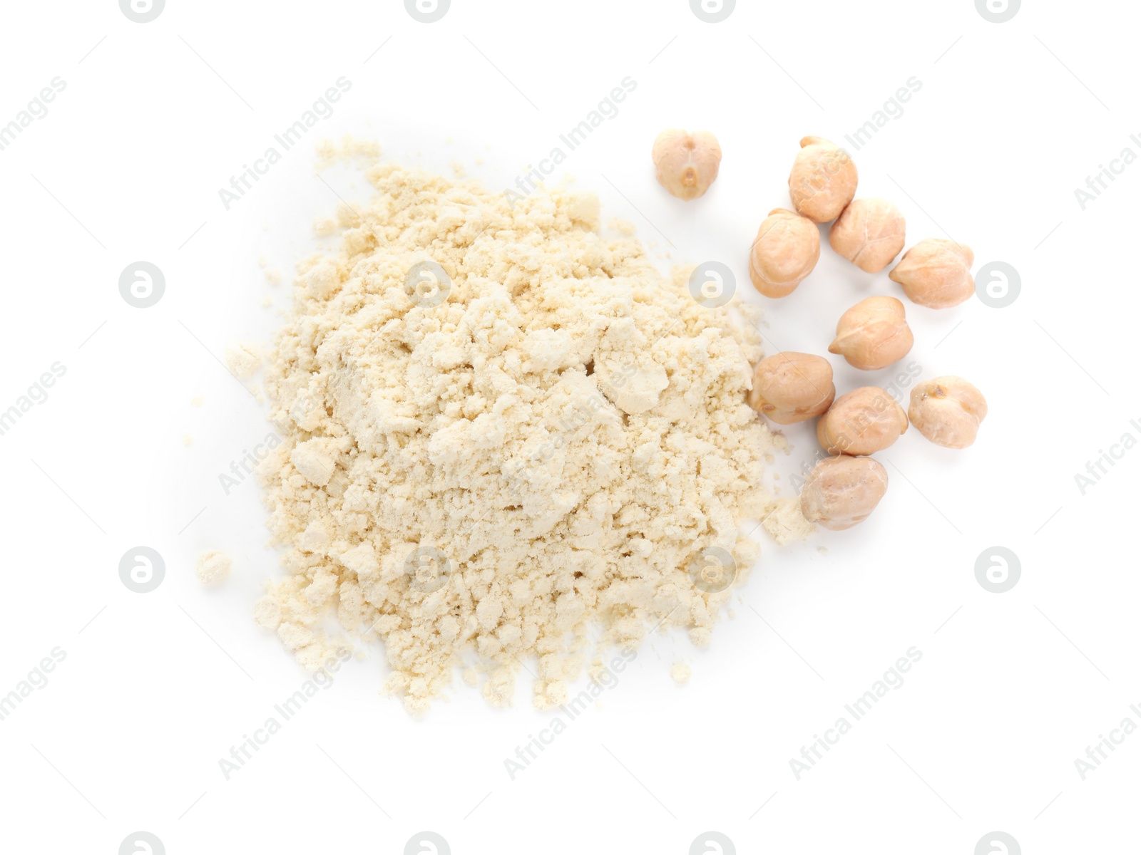 Photo of Pile of chickpea flour and seeds isolated on white, top view