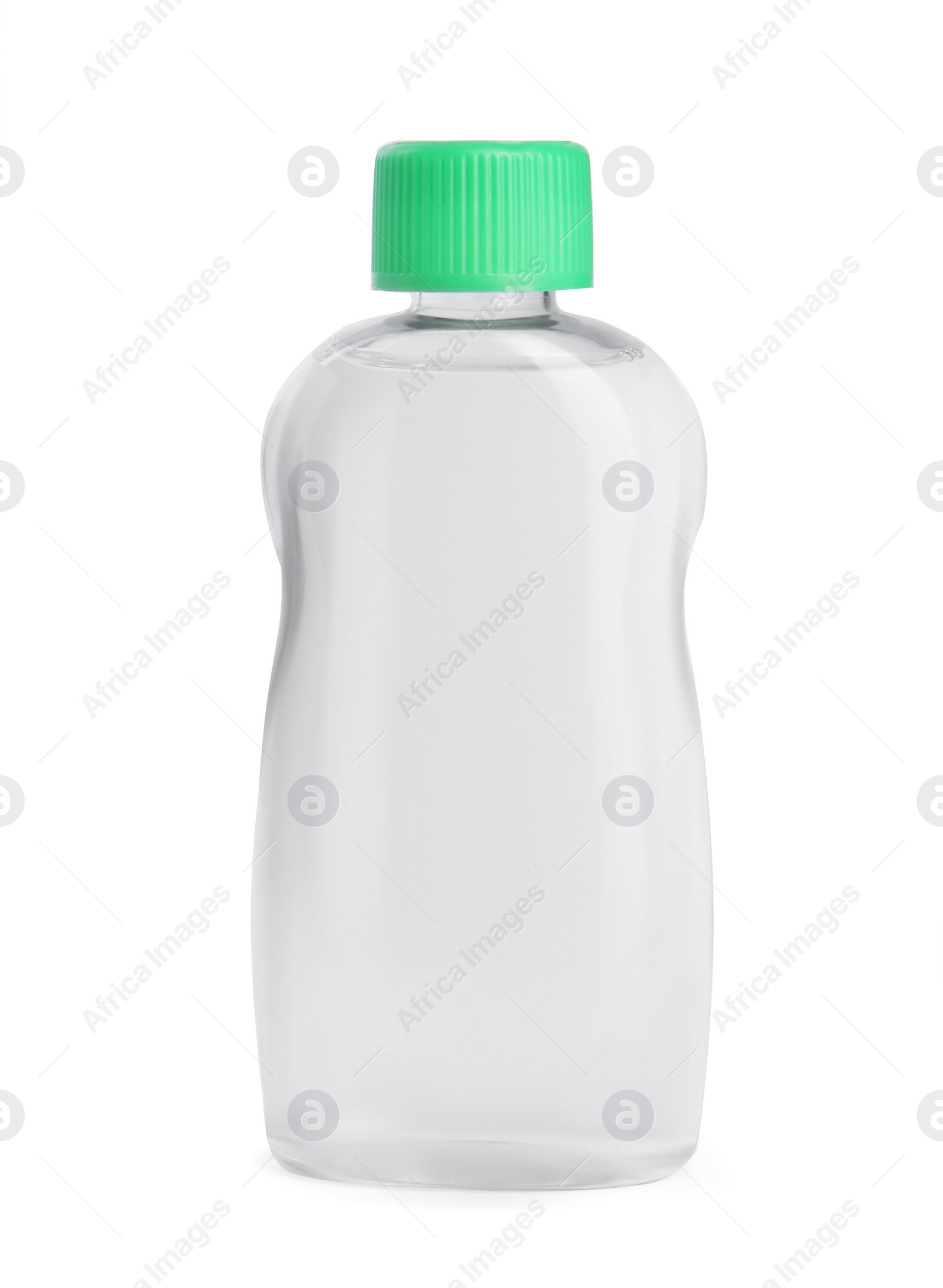 Photo of Transparent bottle with baby oil isolated on white