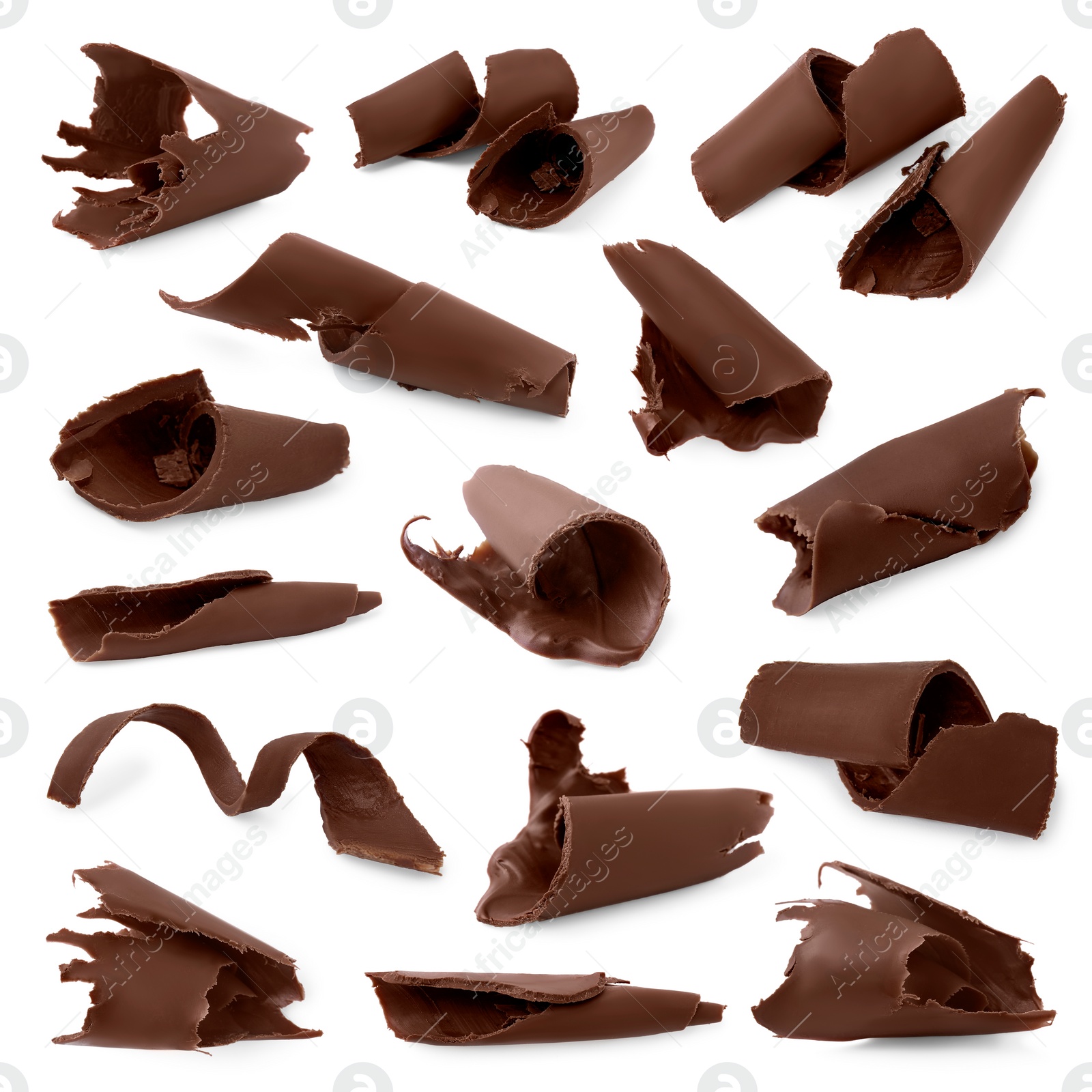 Image of Many chocolate curls isolated on white, collection