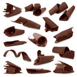 Image of Many chocolate curls isolated on white, collection