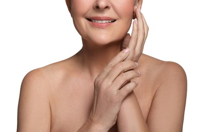 Photo of Beautiful mature woman with healthy skin on white background, closeup