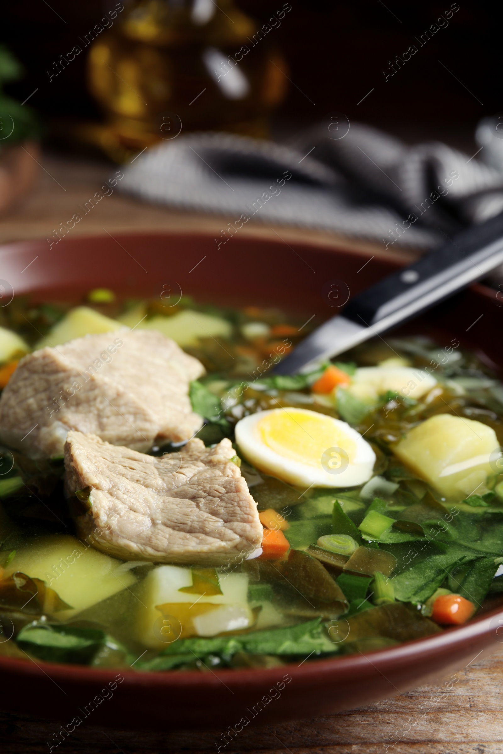 Photo of Delicious sorrel soup with meat and egg in brown bowl, closeup