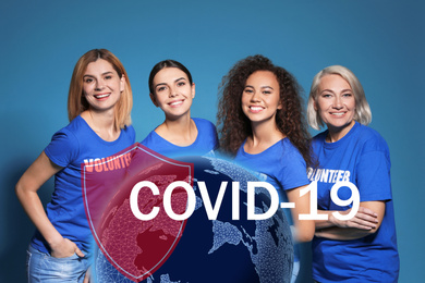 Image of Volunteers uniting to help during COVID-19 outbreak. Group of people on blue background, world globe and shield illustrations