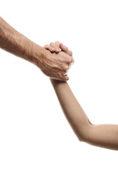 Photo of Man and woman holding hands on white background, closeup. Help and support concept