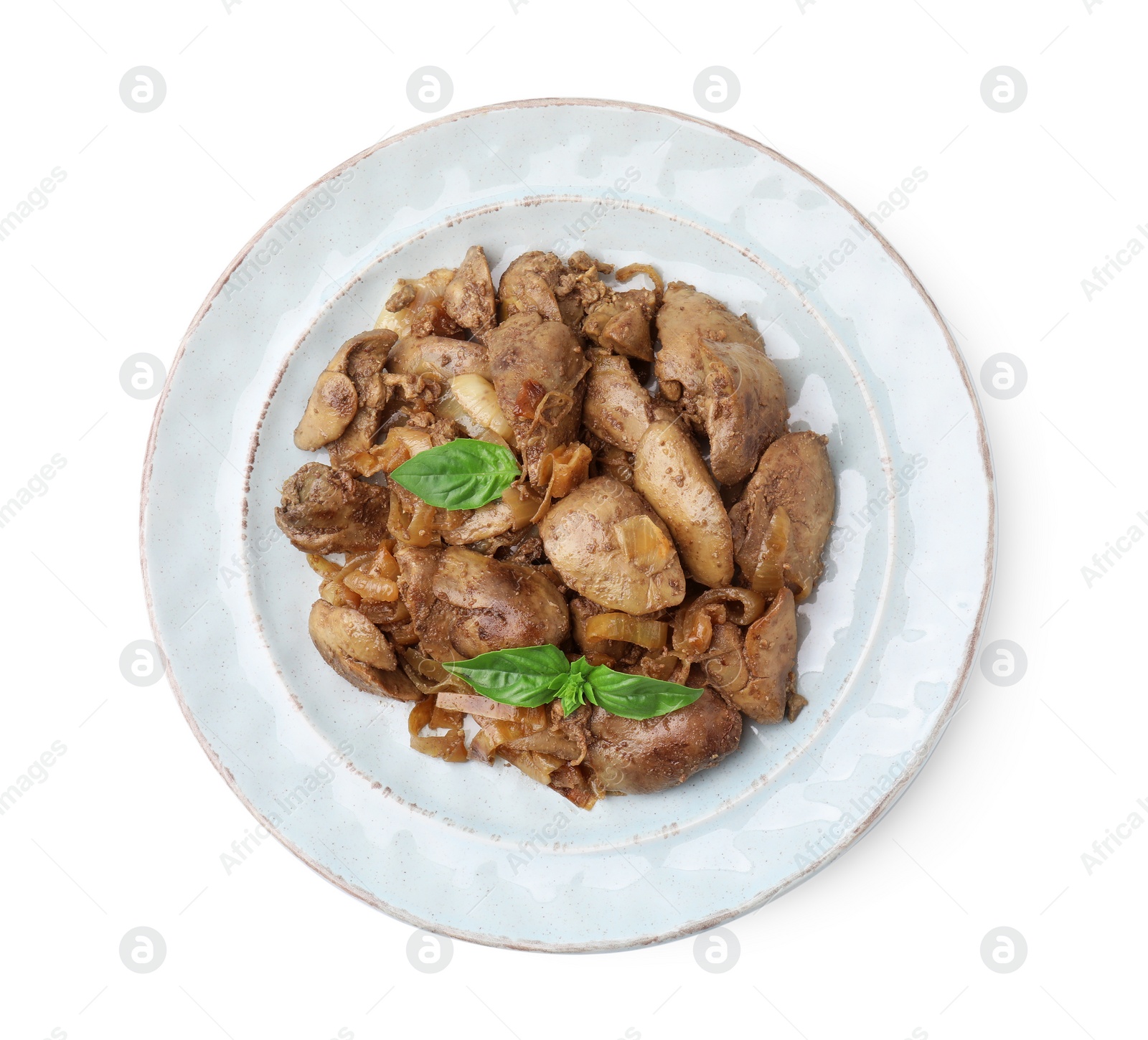 Photo of Plate of delicious fried chicken liver with onion and basil isolated on white, top view