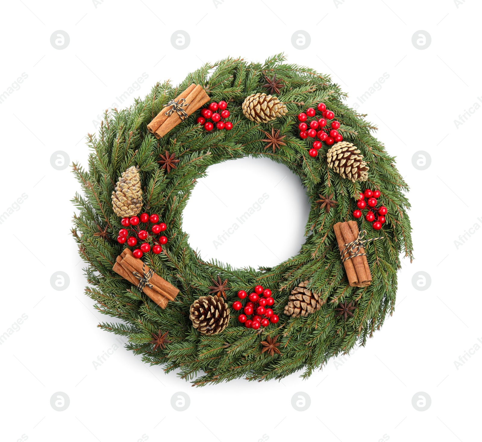 Photo of Beautiful Christmas wreath isolated on white, top view