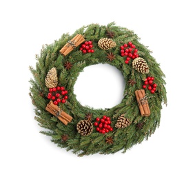 Photo of Beautiful Christmas wreath isolated on white, top view