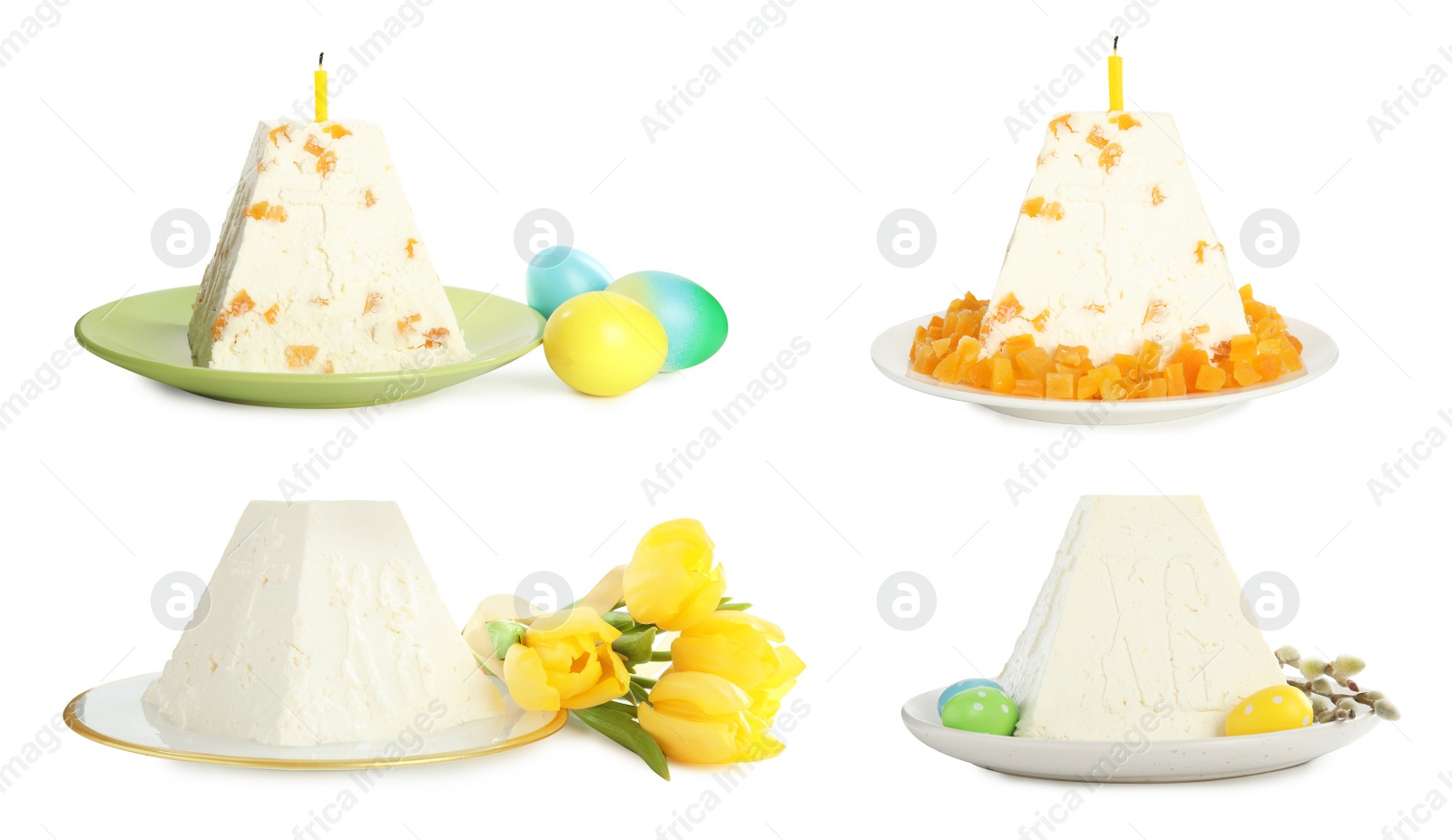 Image of Set with traditional cottage cheese Easter paskhas on white background