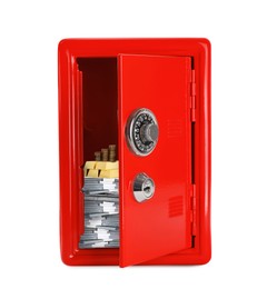 Image of Open red steel safe with money and gold bars on white background