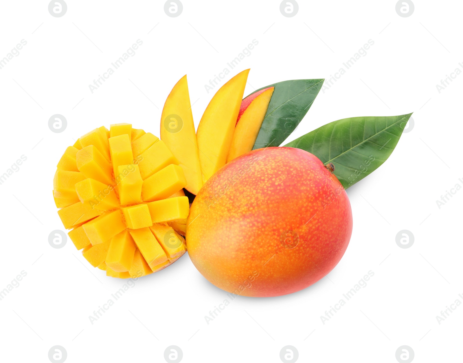 Photo of Whole and cut ripe mangoes isolated on white, top view. Exotic fruit