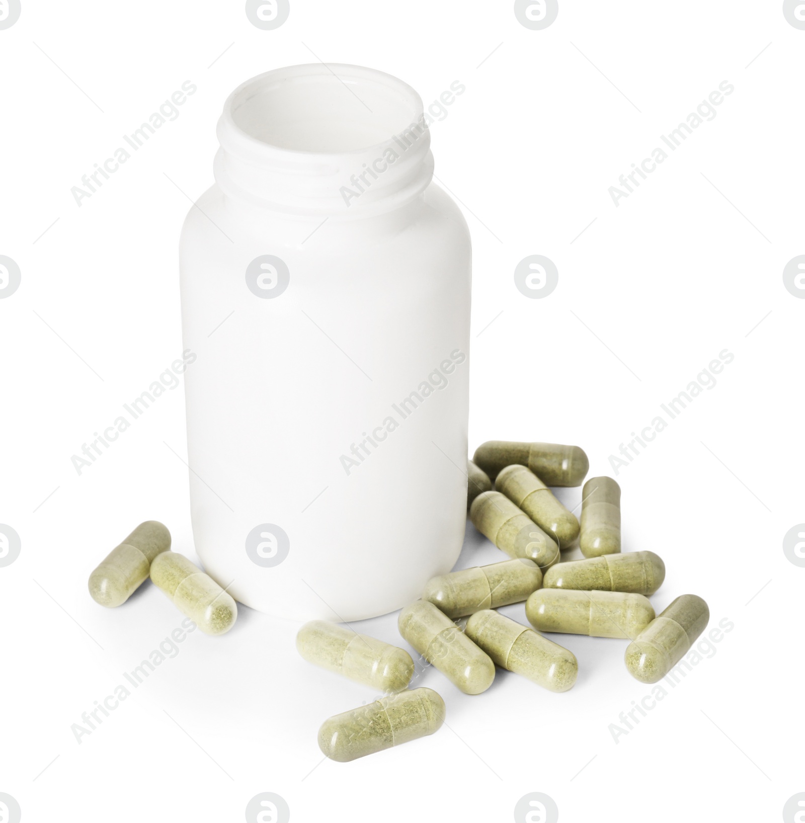 Photo of Bottle and pile of vitamin pills isolated on white