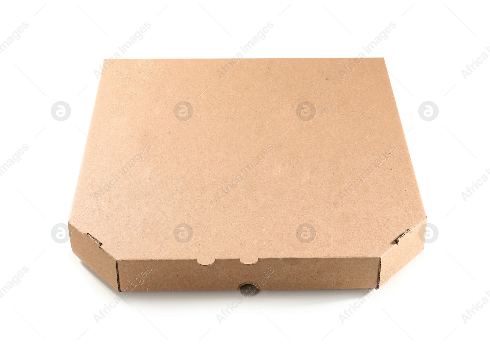 Photo of Cardboard pizza box on white background. Food delivery