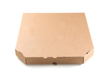 Cardboard pizza box on white background. Food delivery