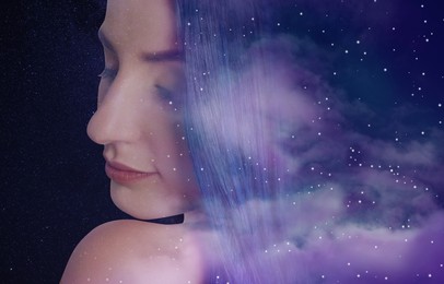 Image of Double exposure of beautiful woman and starry sky with clouds. Astrology concept