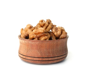 Bowl with tasty walnuts on white background