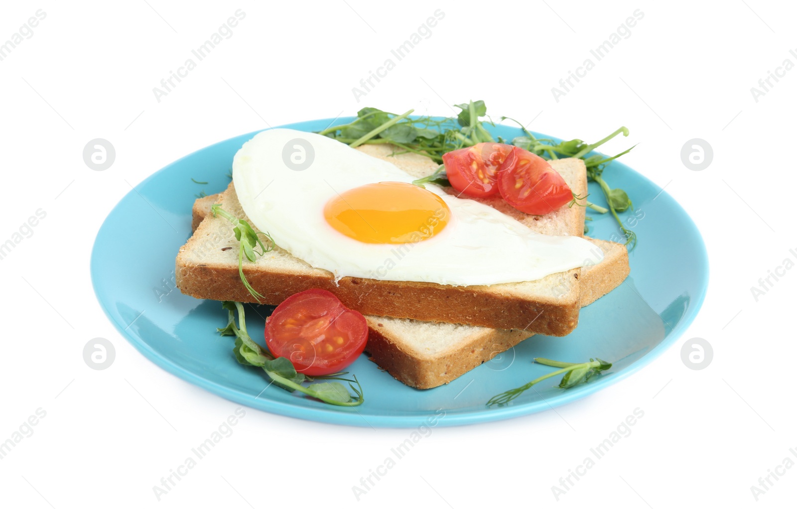 Photo of Tasty fried egg with bread and garnish isolated on white