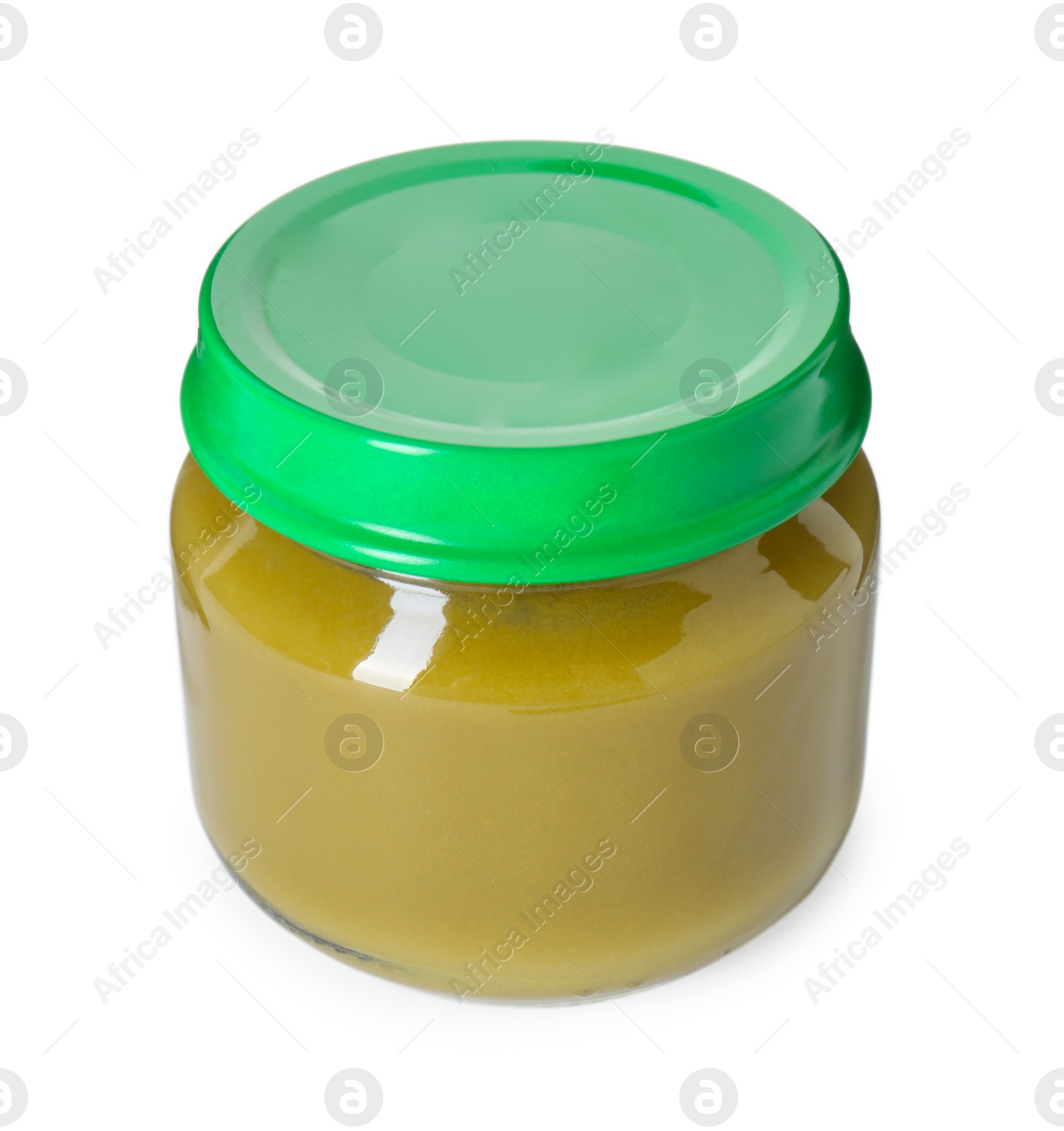 Photo of Baby food. Tasty healthy puree in jar isolated on white