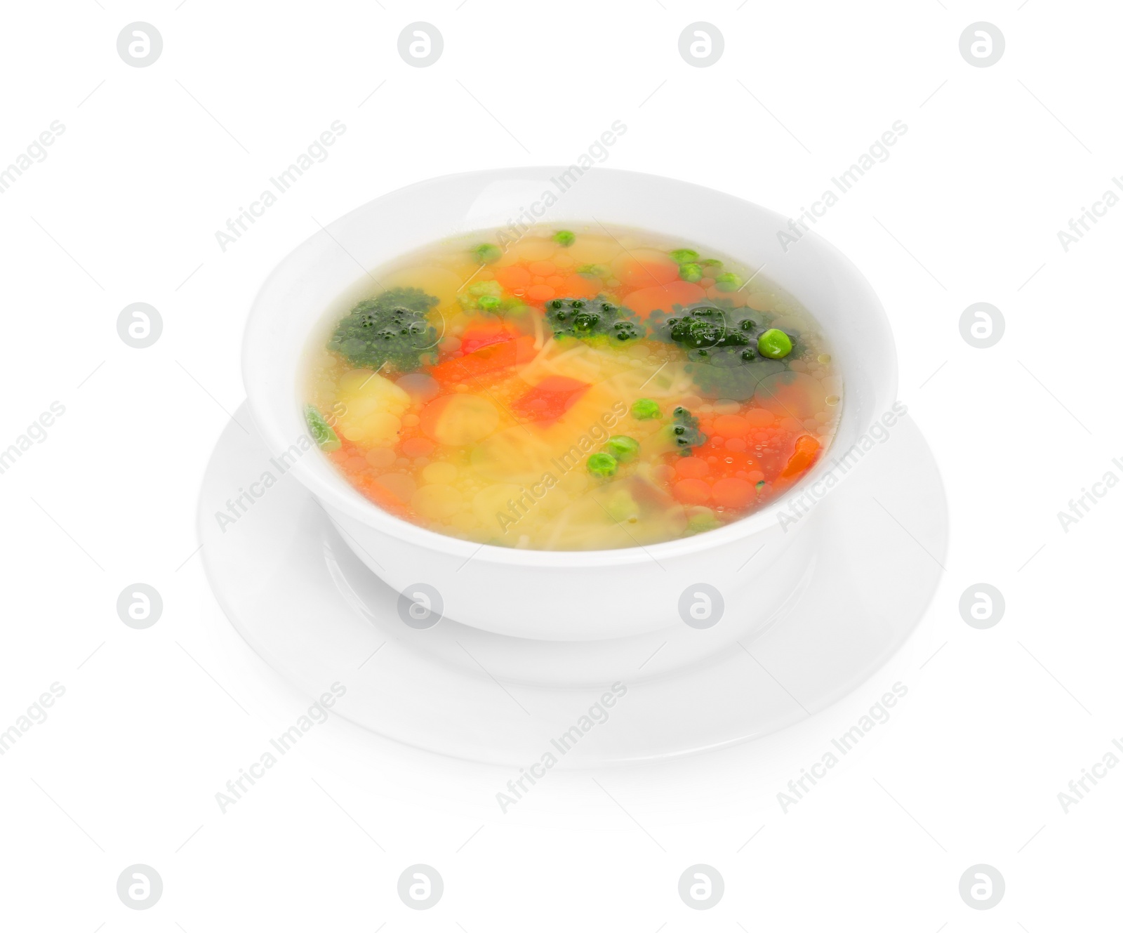 Photo of Delicious vegetable soup with noodles isolated on white