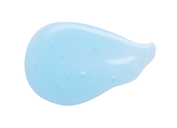 Photo of Sample of light blue cosmetic gel on white background, top view
