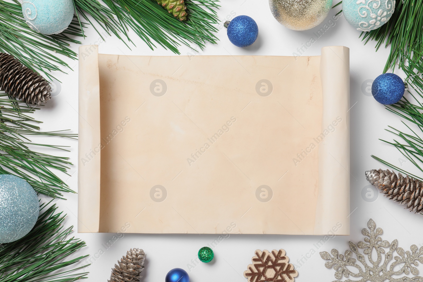 Photo of Blank paper with space for text and Christmas decor on white background, flat lay. Letter to Santa Claus