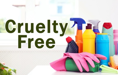 Image of Cruelty free concept. Cleaning products not tested on animals in room 