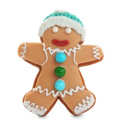 Photo of Gingerbread man isolated on white. Delicious Christmas cookie