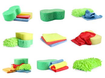 Image of Set with sponges and rags on white background. Car products