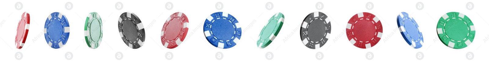 Image of Set with different casino chips on white background. Banner design
