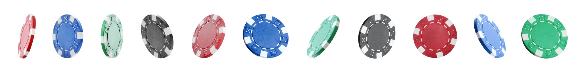 Image of Set with different casino chips on white background. Banner design